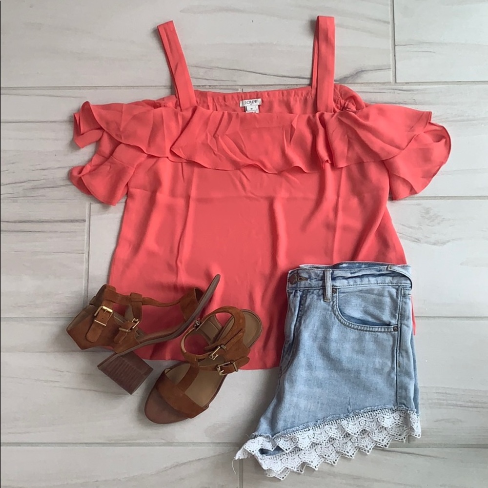 J. Crew Coral Ruffle Off-Shoulder Blouse